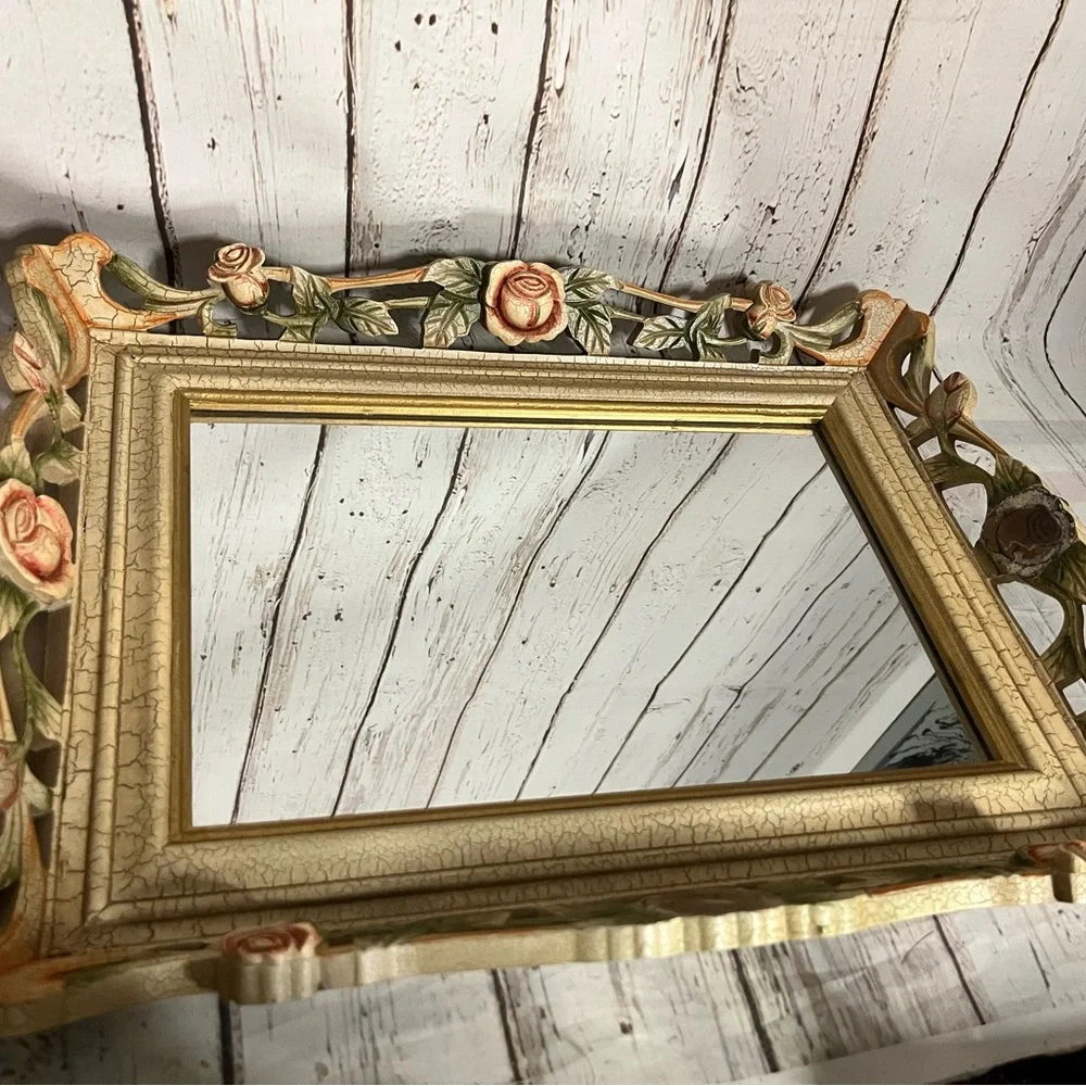 Rose Mirror Crackled Finish Wall Mirror or Tray Vintage 12 x16 inch mirror
